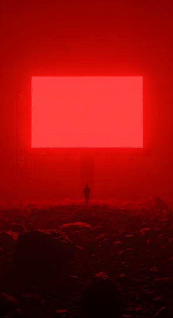 Dystopian Red Billboard Glowing Foggy Landscape