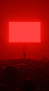 Dystopian Red Billboard Glowing Foggy Landscape