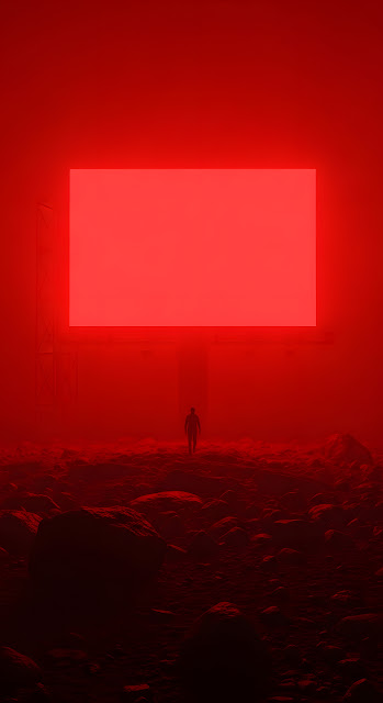 Dystopian Red Billboard Glowing Foggy Landscape - Free mobile Wallpaper