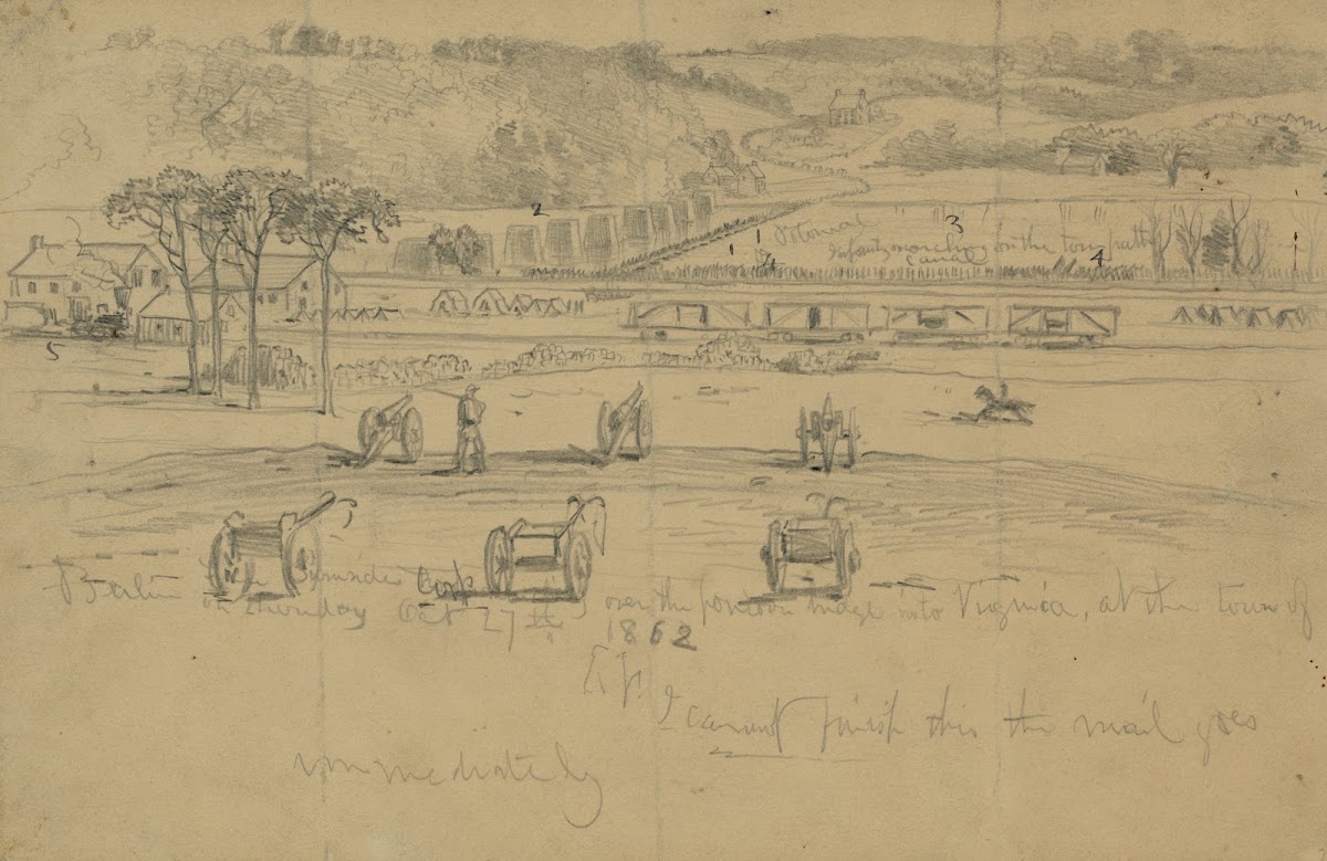 Gen Burnsides Corp marching over the pontoon bridge into Virginia at the town of