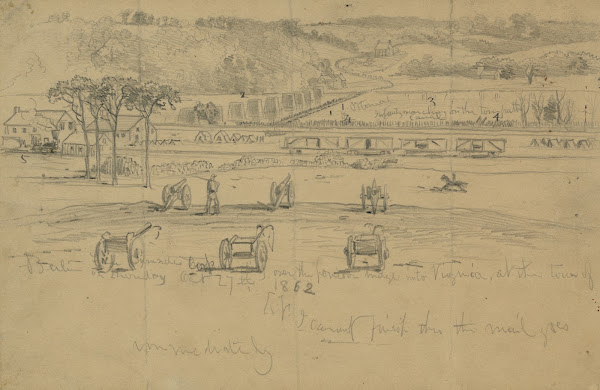 Gen Burnsides Corp marching over the pontoon bridge into Virginia at the town of