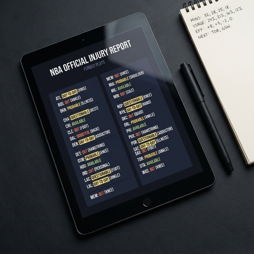 Close up tablet showing an official NBA injury report beside a notepad with minutes and usage calculations in Funded Plays brand colors Trading NBA Games with Late Player News