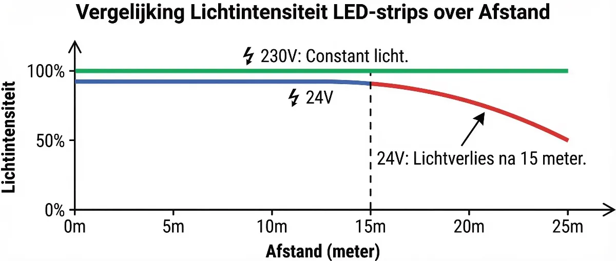 Vergelijking van spanningsval tussen 230V en 24V LED strips