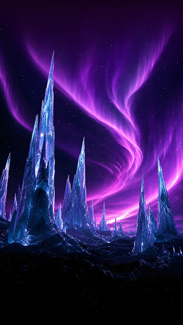 Exoplanet with Frozen Methane Spikes and Aurora Sky - Free mobile Wallpaper