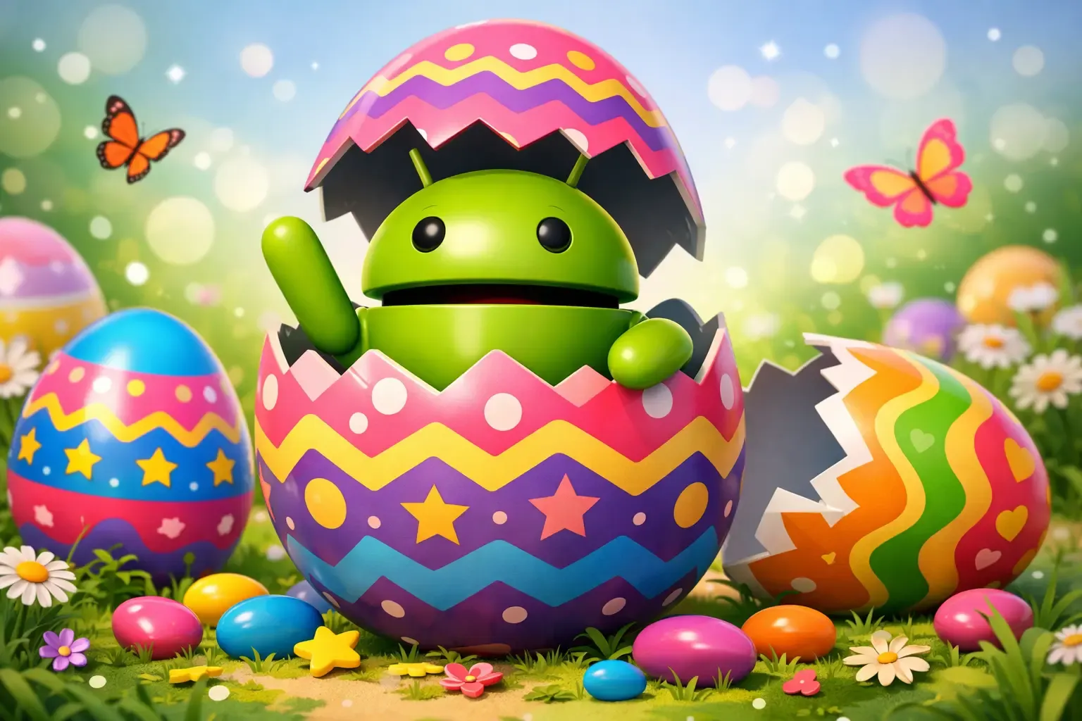 El muñeco de Android sale del interior de un huevo de Pascuas muy colorido.
