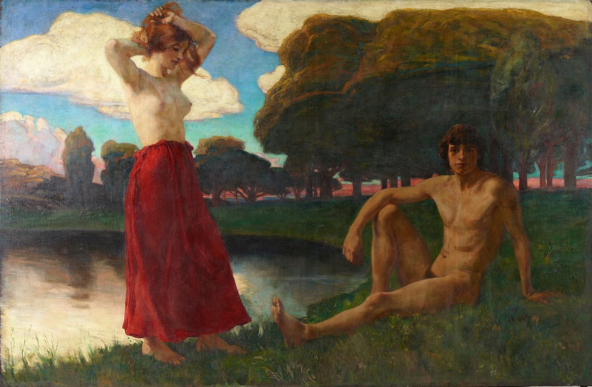 Idyll Männlicher und weiblicher Halbakt in der Landschaft 1894