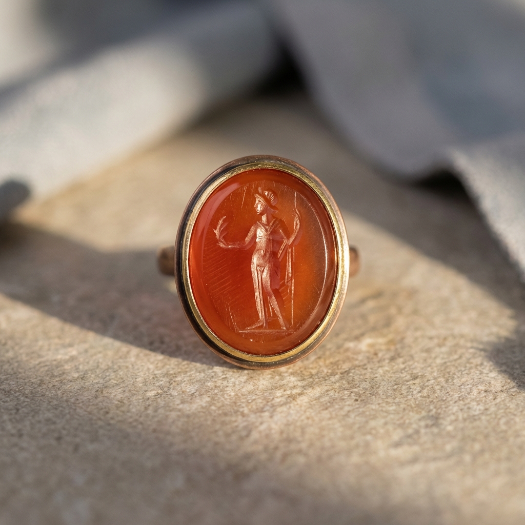 Close up macro of a carnelian intaglio showing carved details and tool marks on an ancient egyptian rings style piece on a neutral beige background