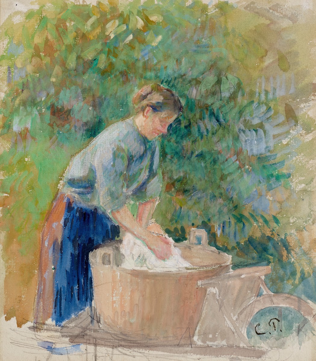 Femme lavant du linge dans un baquet circa 1889