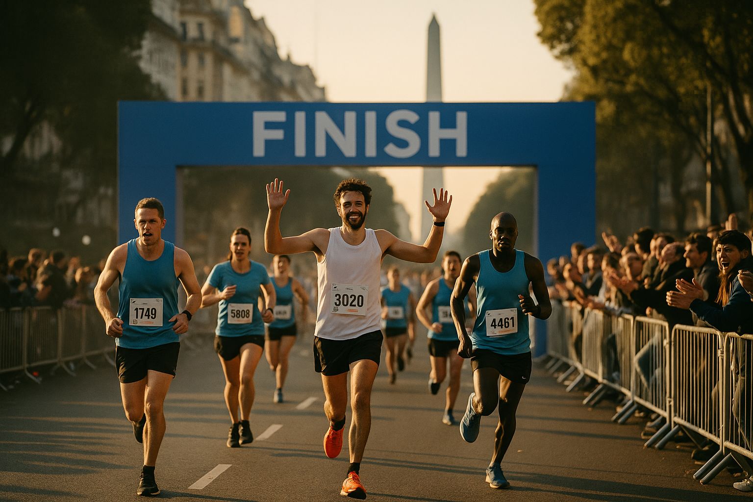 Corredores cruzando la meta de la media maratón de Buenos Aires con público alentando