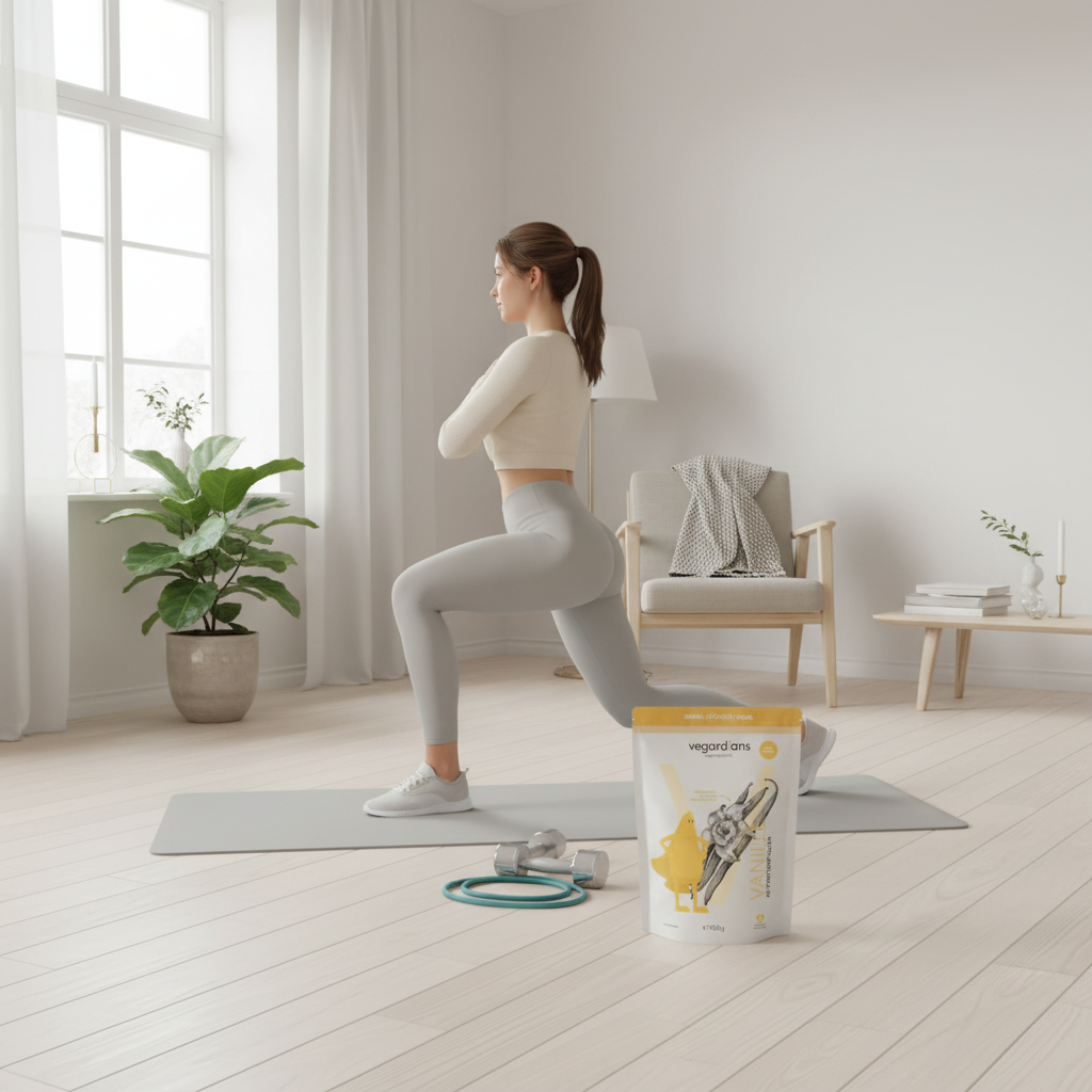 Minimalistische Heimtraining-Szene mit Yogamatte, Kurzhanteln und Widerstandsband vor großem Fenster – Po und Beine zusammen trainieren in hellem, skandinavischem Wohnzimmer.