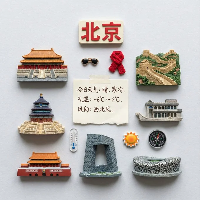Fotografía realista desde arriba de los monumentos de Shanghái convertidos en imanes 3D en miniatura.