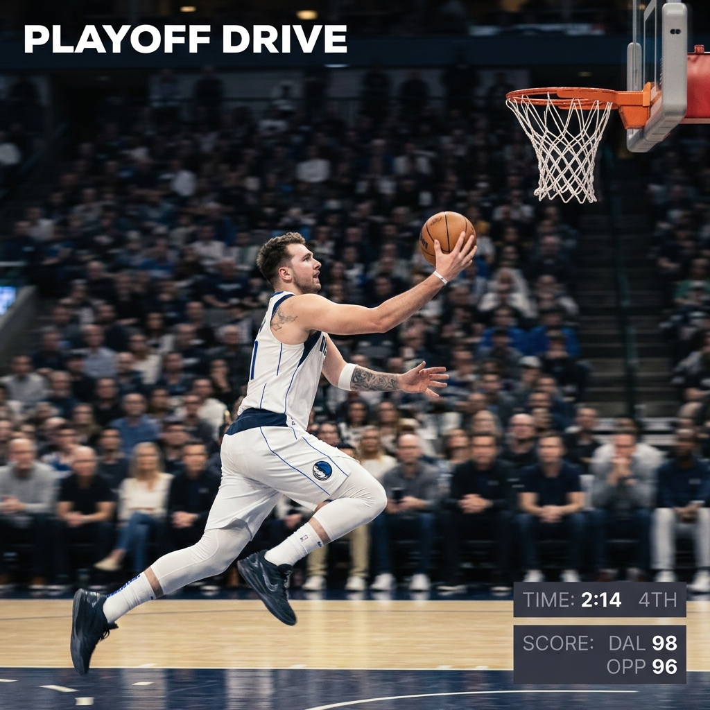 Mavericks star driving to the basket in playoff action with blurred crowd background minimalist composition in Funded Plays palette clippers prediction