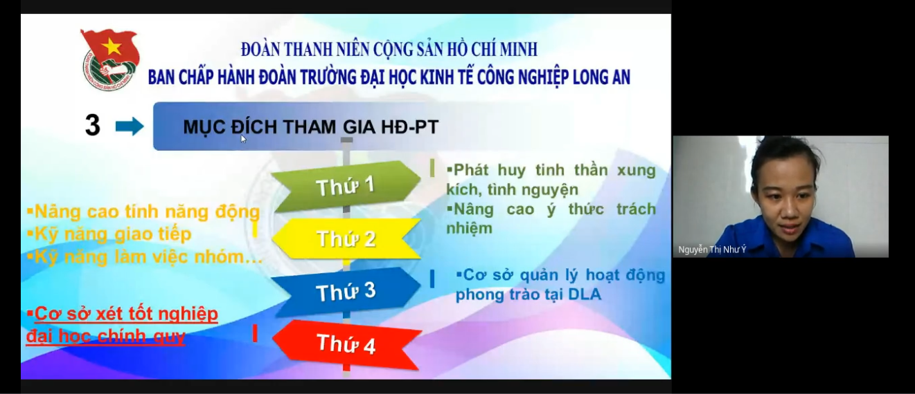 Phó Bí thư Đoàn Trường – đ/c Nguyễn Thị Như Ý phổ biến về quy định tham gia hoạt động phong trào Đoàn Thanh niên trường DLA.