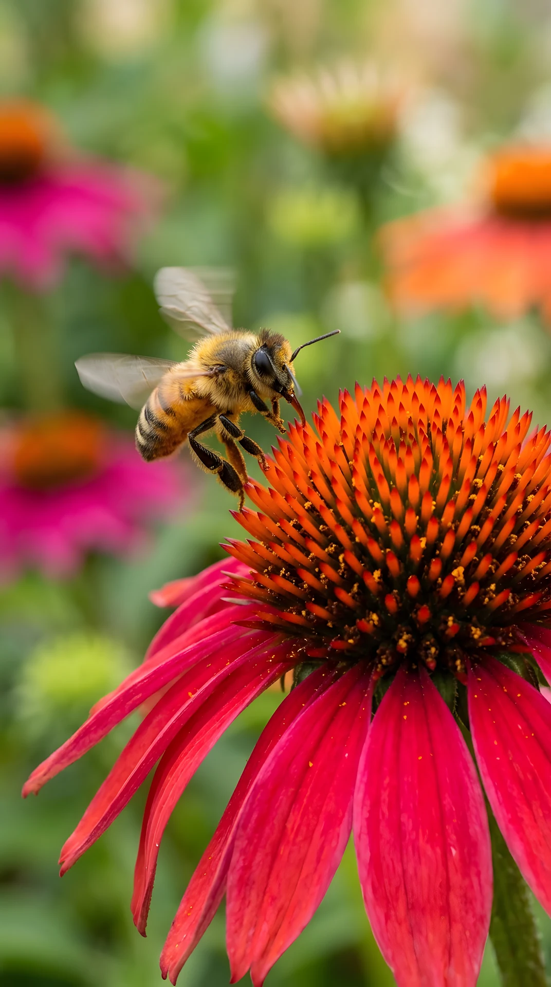 Honey Bee Pollinating a Red Coneflower - Free 4K mobile Wallpaper