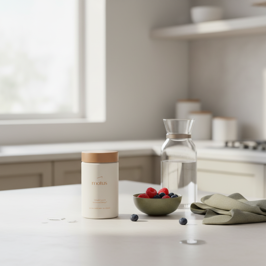 What should not be taken with D3 and K2? Tonum Motus supplement bottle on a minimalist kitchen counter beside berries and a glass of water, bright daylight scene