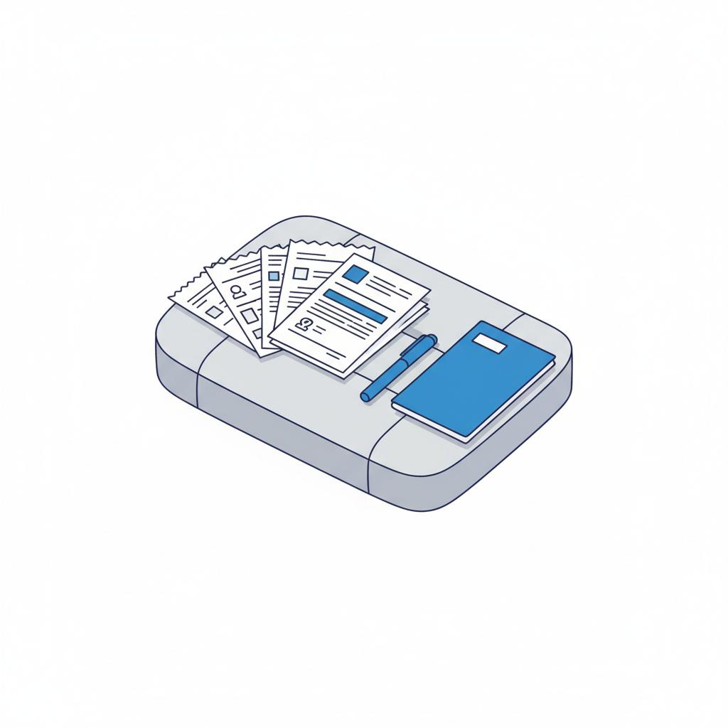 Minimalist 2D vector of a car passenger seat with neatly arranged maintenance receipts and a blue folder and pen accent for online vehicle valuation
