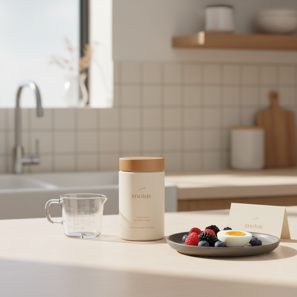 Minimalist kitchen counter with Motus jar beside a measuring cup and balanced breakfast plate, showcasing the most effective weight loss supplement in Tonum’s calm, modern aesthetic.