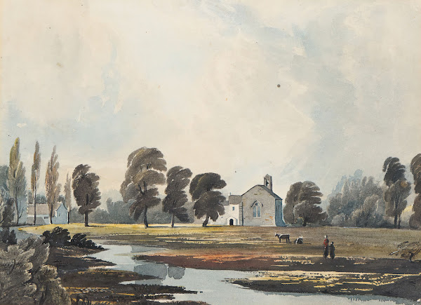 Meadow Scene With A Stream And Church Beyond 1800 1840