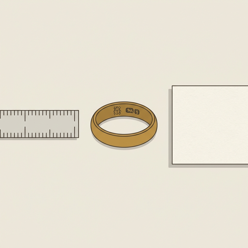 Minimal 2D vector of an antique scarab ring showing hallmarks inside the band beside a blank provenance card and a small ruler for scale on a beige Aurora Antiqua background