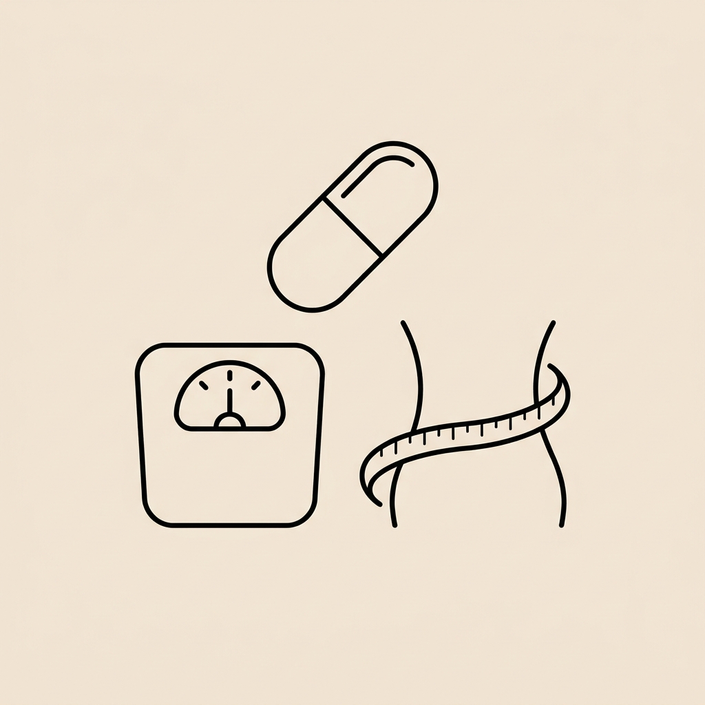 Minimal Tonum style vector line illustration of a capsule a scale and a stylized waistline representing supplements measurement and abdominal health for post menopause weight loss