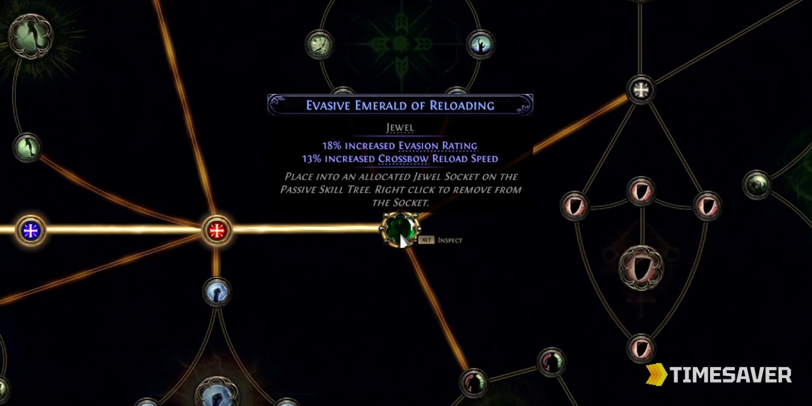 A Magic jewel slotted into a jewel socket on the Path of Exile 2 passive skill tree — the two-modifier blue jewels that The Adorned amplifies once corrupted