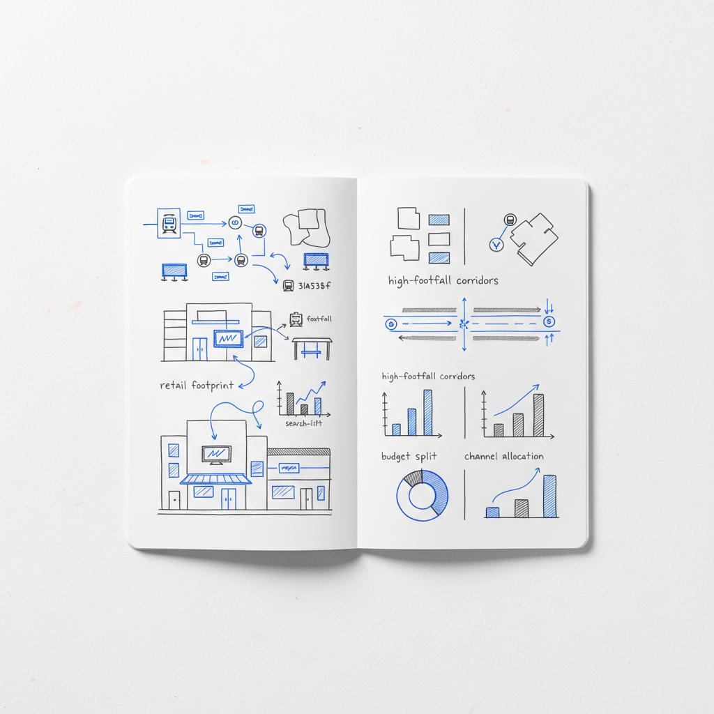 Notebook-style sketch of transit hubs and retail points showing billboard, bus shelter and mall screen placements with arrows and symbols indicating audience flow and footfall &mdash; OOH advertising