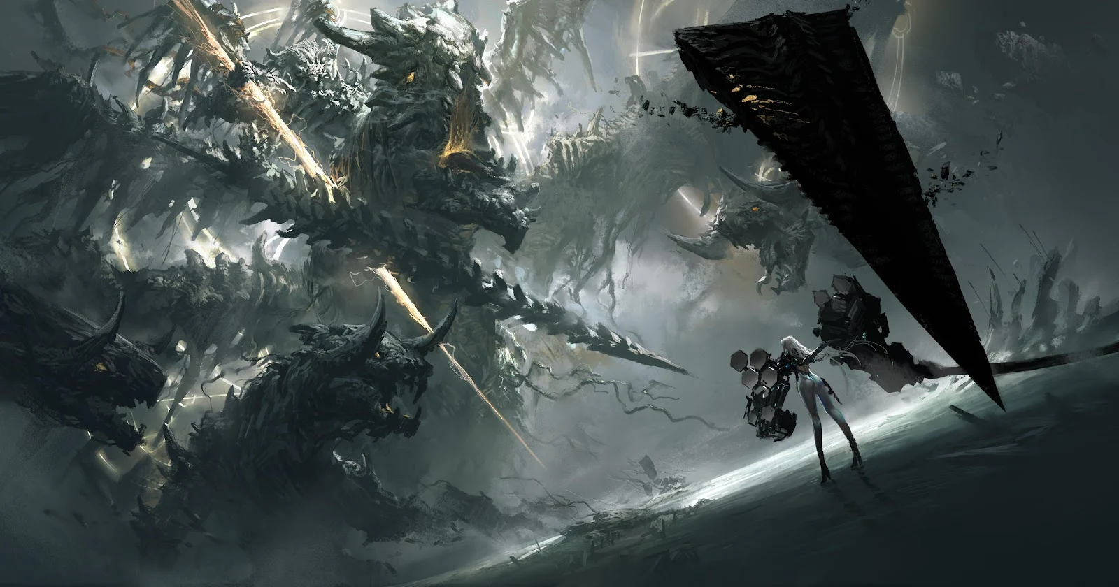 Warrior Confronting Giant Monsters - Digital Concept Art 4K Wallpaper (5000x2624)
