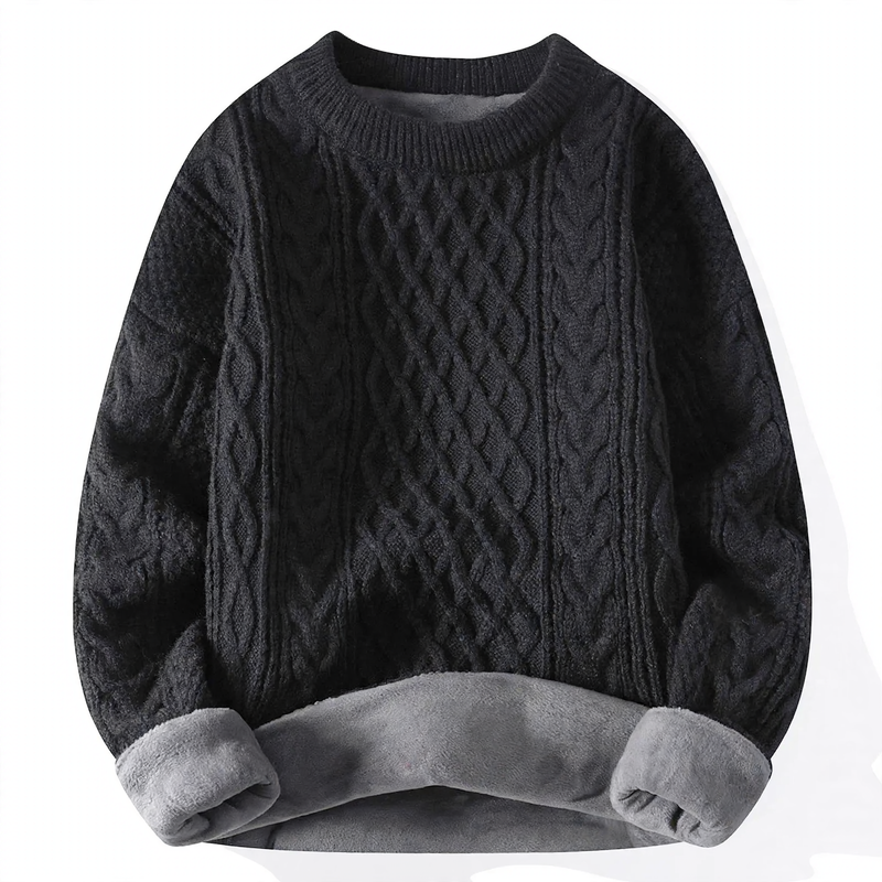 Lined knit sweater with cable pattern