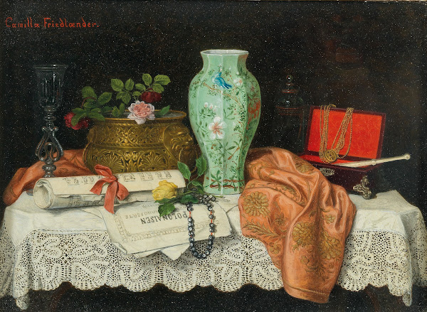 A Still Life with Music Sheets a Jewellery Box and an Asian Vase