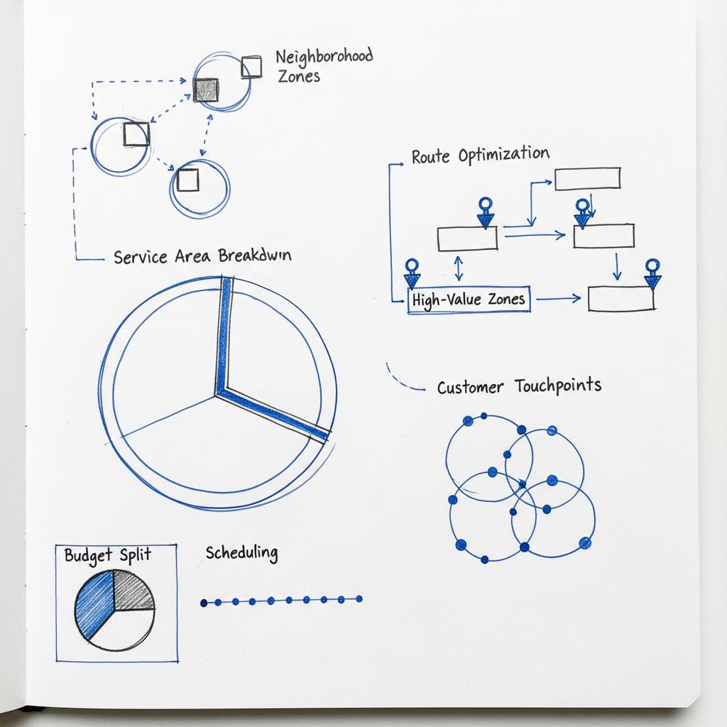 Close-up notebook sketch of a Thumbtack-style service map with neighborhood clusters, route lines, and blue pins on white background