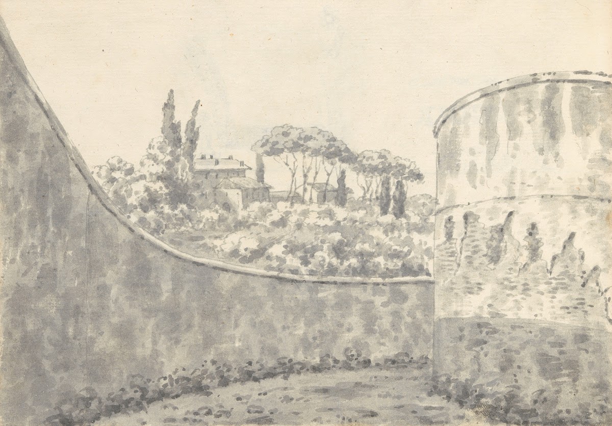 Landscape with a Curved Wall Round Tower and Distant Villa 177475