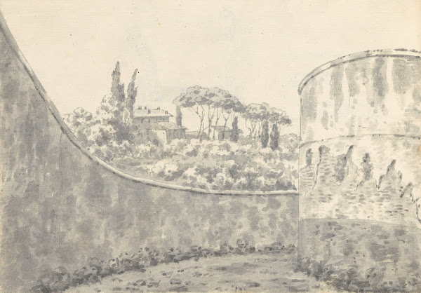 Landscape with a Curved Wall Round Tower and Distant Villa 177475