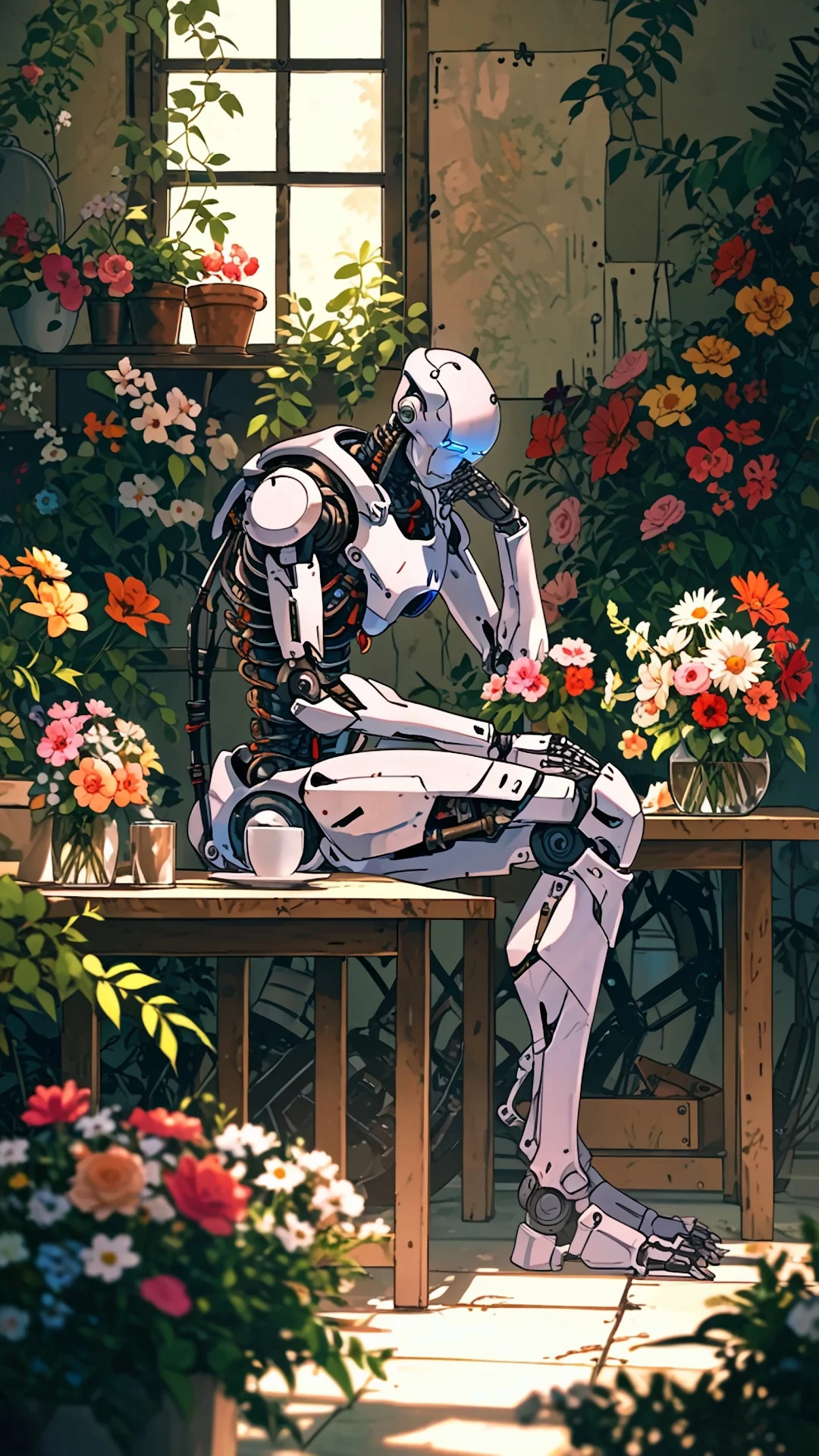 Robot Sipping Tea Amidst Blooming Garden Flowers - Free 4K mobile Wallpaper