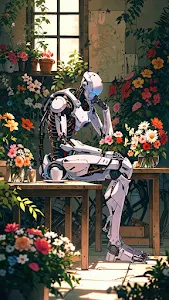 Robot Sipping Tea Amidst Blooming Garden Flowers