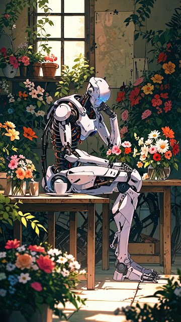 Robot Sipping Tea Amidst Blooming Garden Flowers - Free mobile Wallpaper