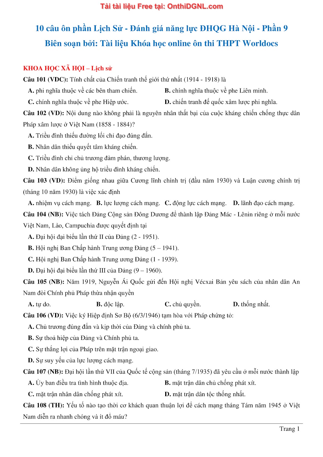 150 bài tập môn Sủ- Ôn thi ĐGNL ĐHQG HN Phần 9