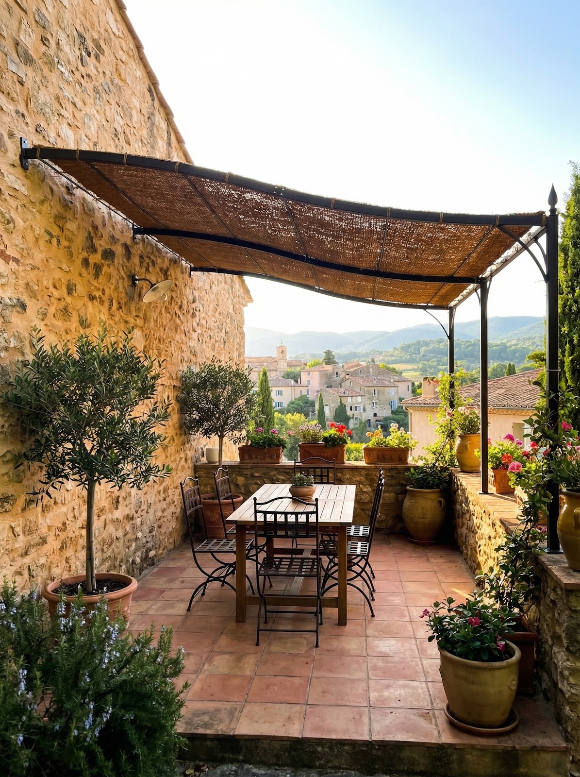Wall mounted coir shade canopy over terrace dining area