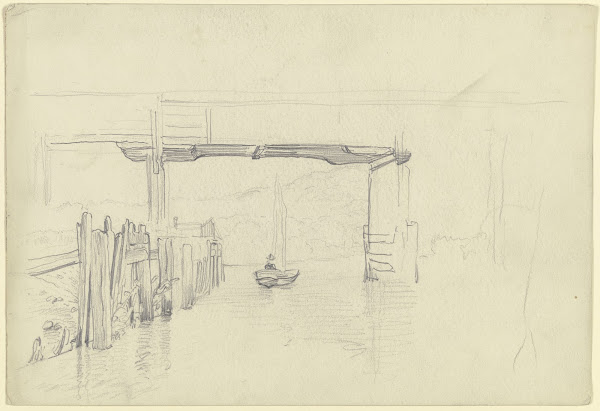 Fluss mit Brücke und Segelboot