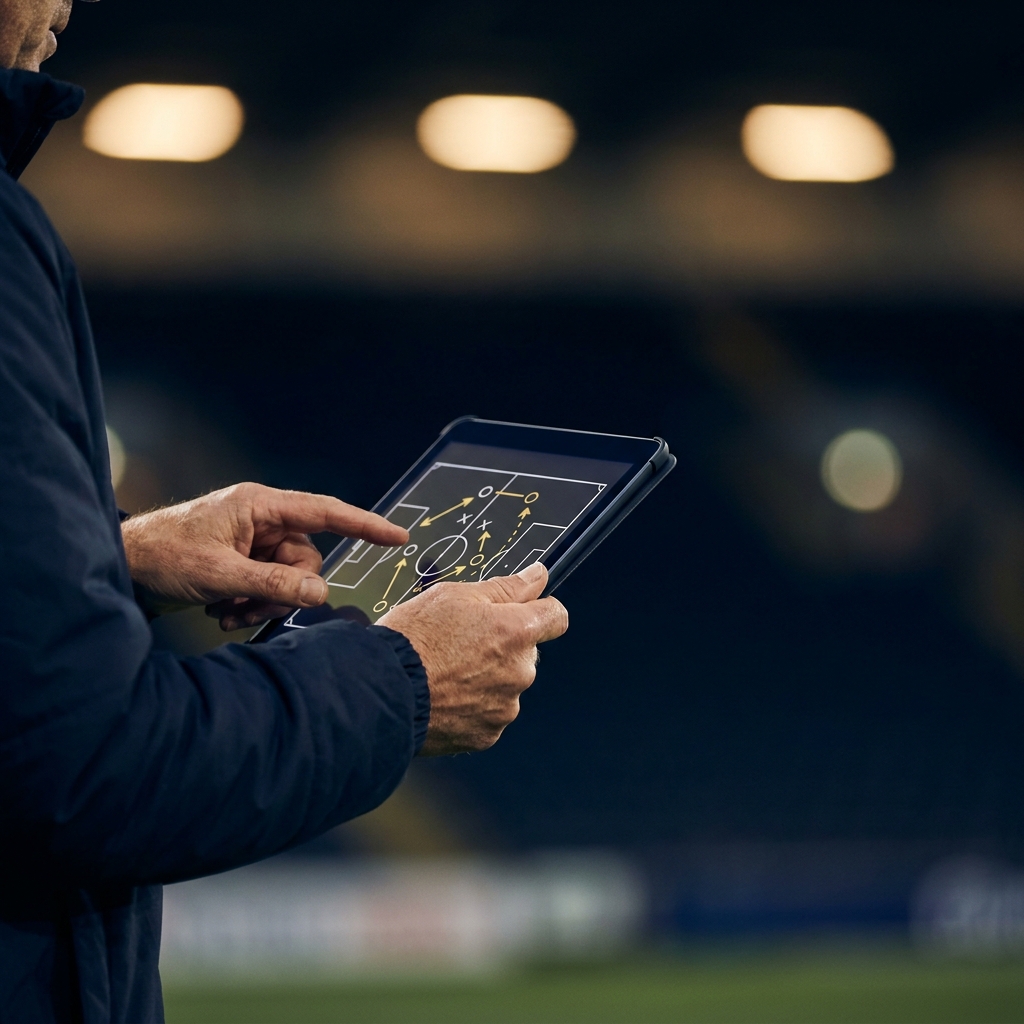 Close up of a coach checking a tablet on the sideline under stadium lights capturing pregame preparation and tactical planning How to Approach NFL Prime-Time Games