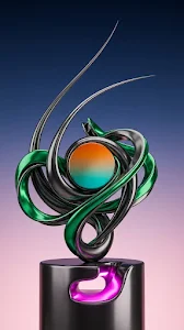 Abstract Modern Sculpture with Metallic Finish and Magenta Glow