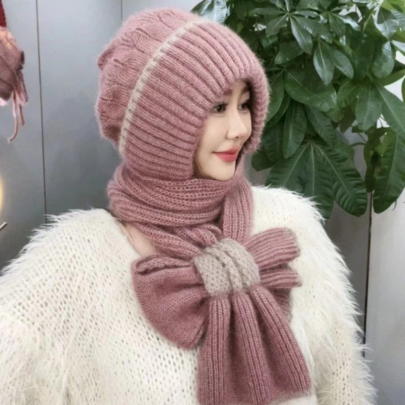 Knitted beanie and scarf set, lined, windproof