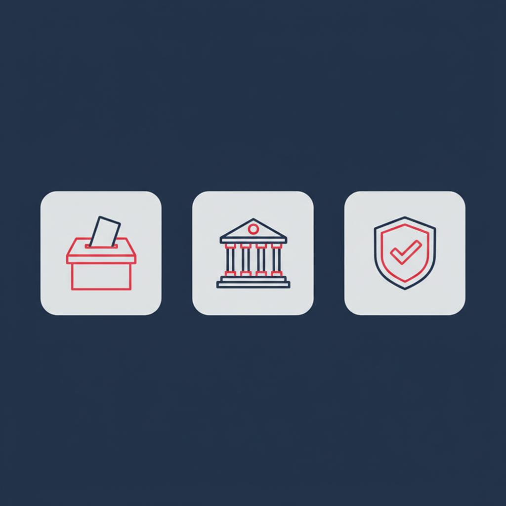 Flat 2D vector infographic of ballot courthouse and privacy shield icons on deep navy background for florida constitution privacy concept