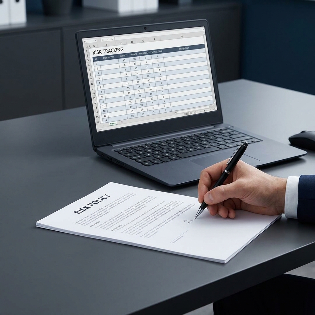 Close up of a hand writing a one page risk policy beside a laptop showing a risk tracking spreadsheet illustrating A Practical Risk Management Framework for Sports Traders