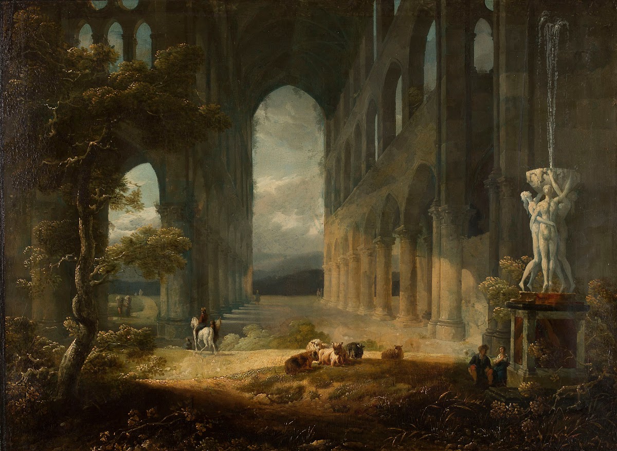 Fantastical ruins with a pastoral scene c 1800