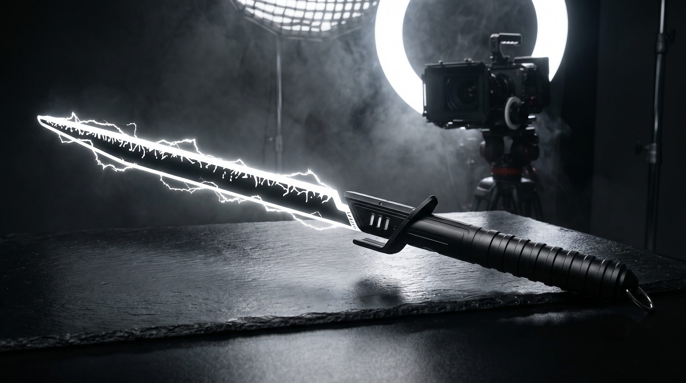 Crossed illuminated sabers in a professional camera and ring-light setup