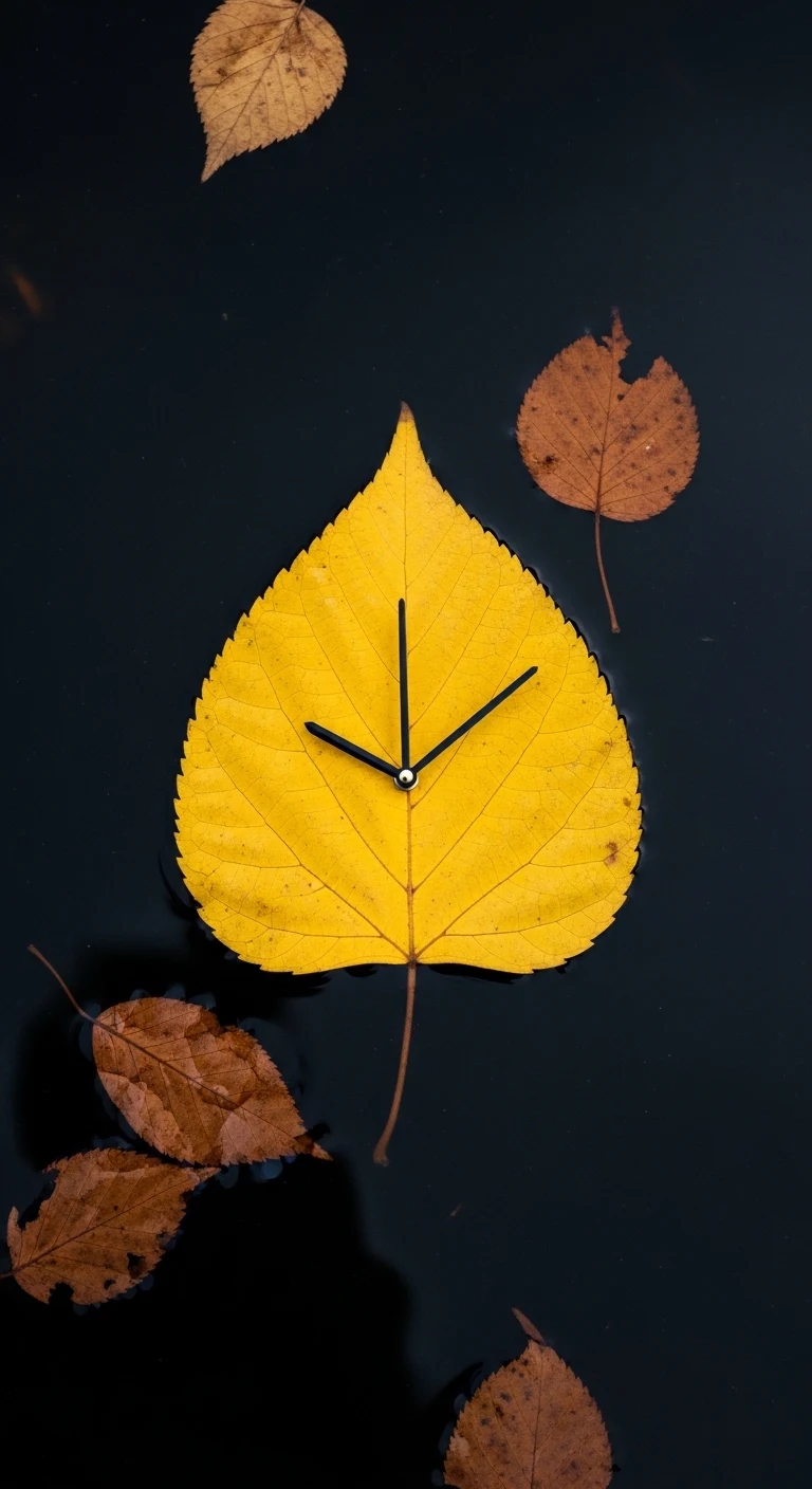 Yellow Birch Leaf Floating on Water with Clock Hands - Free 4K mobile Wallpaper