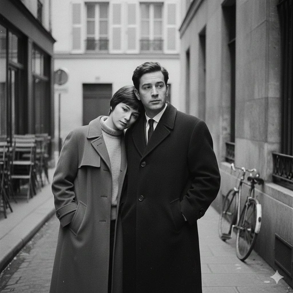 Una escena minimalista de amantes al estilo de la Nouvelle Vague francesa, en blanco y negro, con la estética del cine europeo de los años 50 y 60.