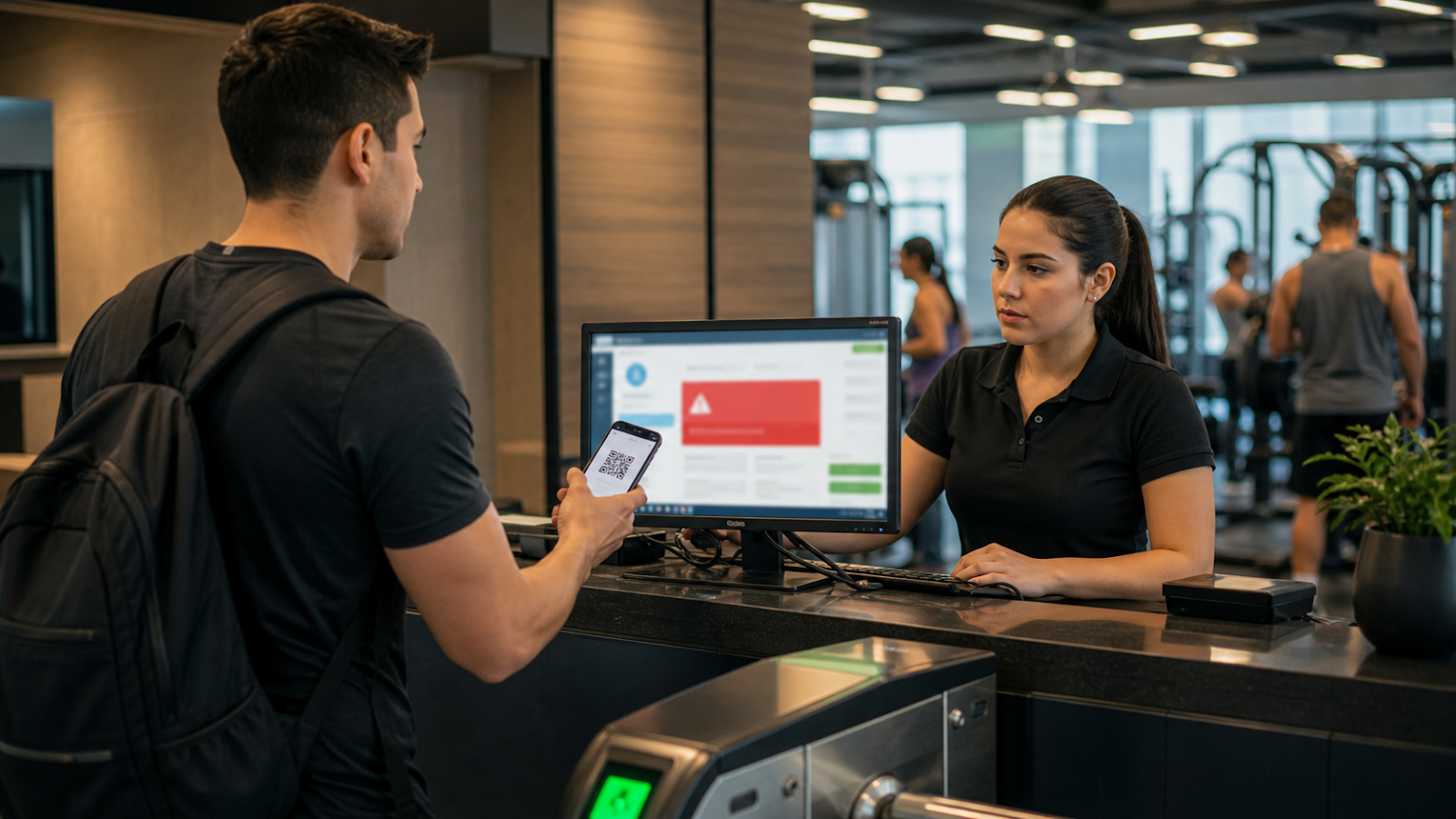 Recepcion de gimnasio validando una membresia vencida en el check-in