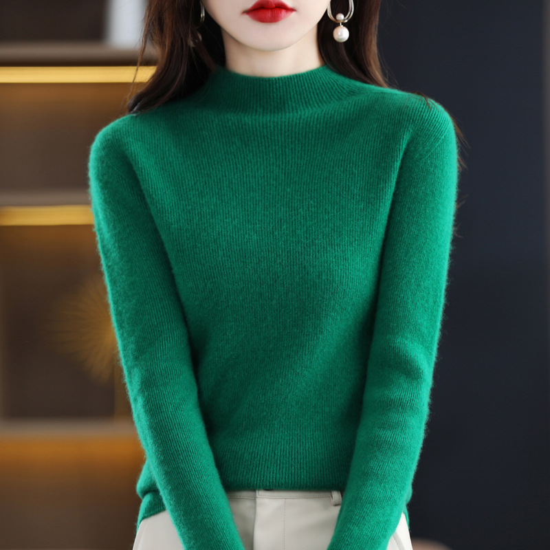 Women's knitted sweater with a standing collar, figure-hugging