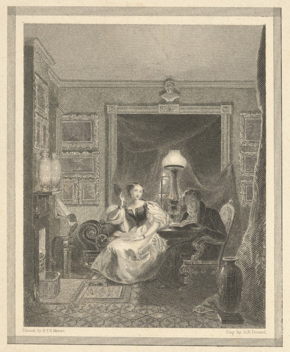 Interior view with husband reading to wife 1831